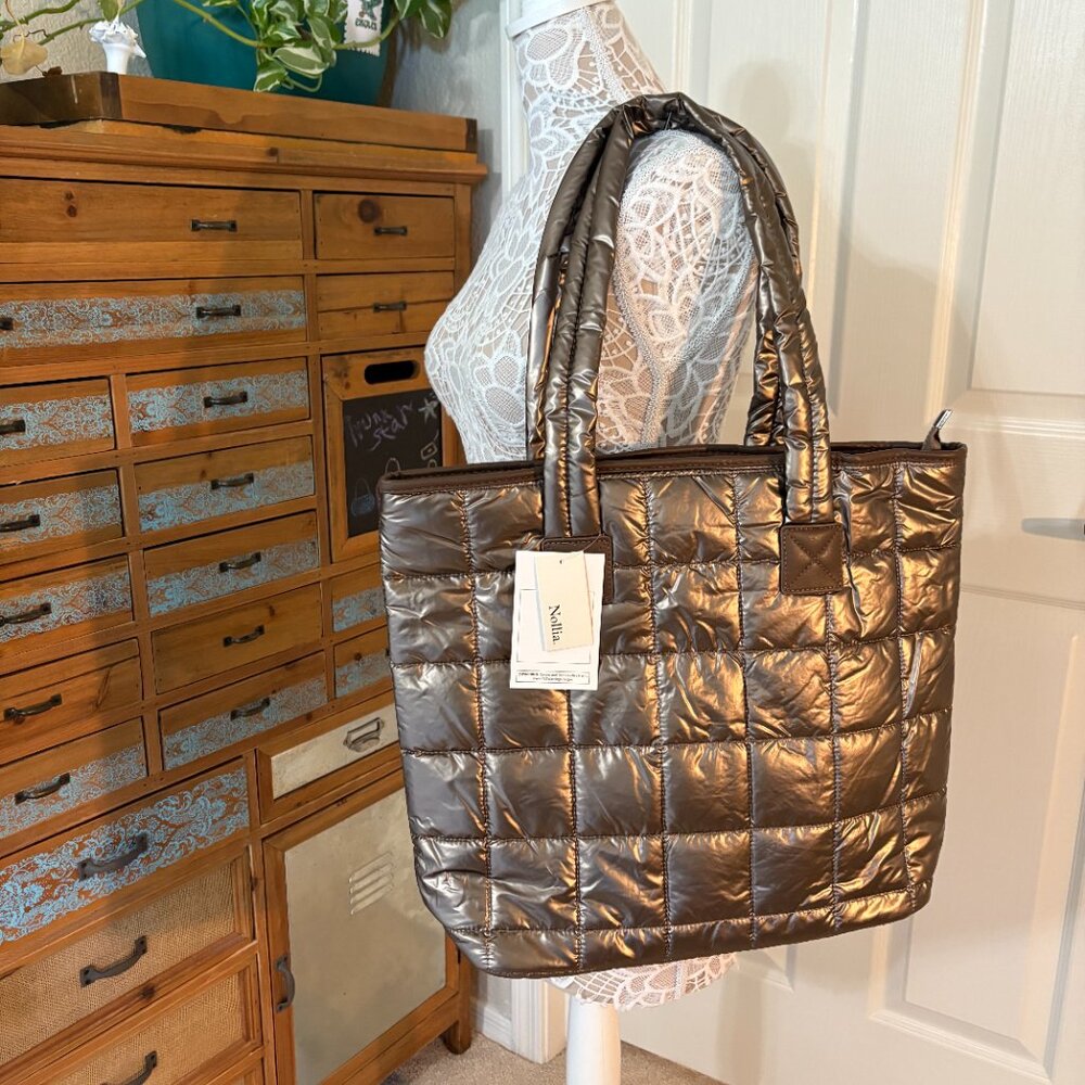 Quilted Puffer Tote - Shiny Bronze - Double Handle- XL- Lightweight -NWT